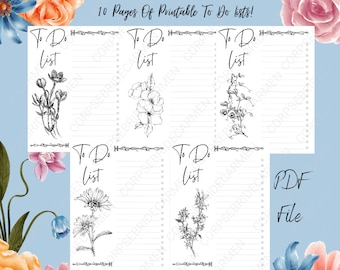 Printable To Do List, To Do List, List, Floral Design, Digital To Do List, Printable, PDF, Instant Download, Task List, 10 Pages 5 Designs