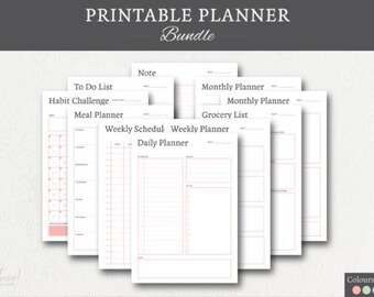 May include: Printable planner bundle with pages for to-do lists, habit challenges, meal planning, notes, monthly calendars, grocery lists, weekly schedules, and daily planning.