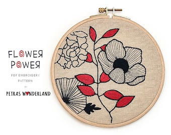 PDF Hand Embroidery Pattern - Flower Power - Beginner Embroidery, Floral Embroidery Pattern, Diy Hand Embroidery, Digital PDF Pattern