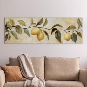 May include: A painting of a lemon tree branch with green leaves and yellow lemons. The background is a light yellow with a subtle texture.
