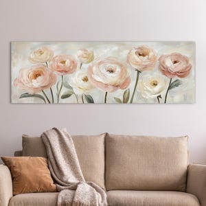 Ranunculus Flower Bouquet Canvas Wall Art, Rustic Floral Art Print, Vintage Botanical Home Decor, Cottage Farmhouse Horizontal Wall Decor