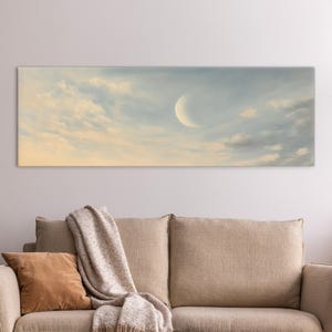 May include: A panoramic painting of a crescent moon in a pale blue sky with white clouds. The sky is a soft, light blue with a hint of yellow in the distance.