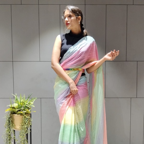 One-Minute Bollywood Ready To Wear Saree | Chiffon Zari Saree | Party Wear Sari | Stitched Pleated Saree | FREE Saree Belt | Saree USA