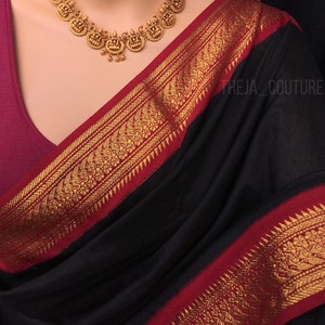 Black & Red Silk Saree: South Indian Handloom with Golden Jari Border