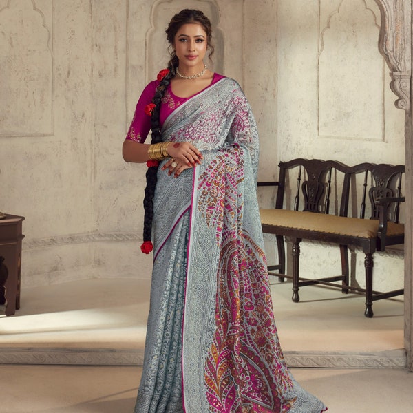 Blue saree with Resham work Embroidered blouse Stitched embroidered blouse Blue grey saree and pink blouse Indian saree, designer saree