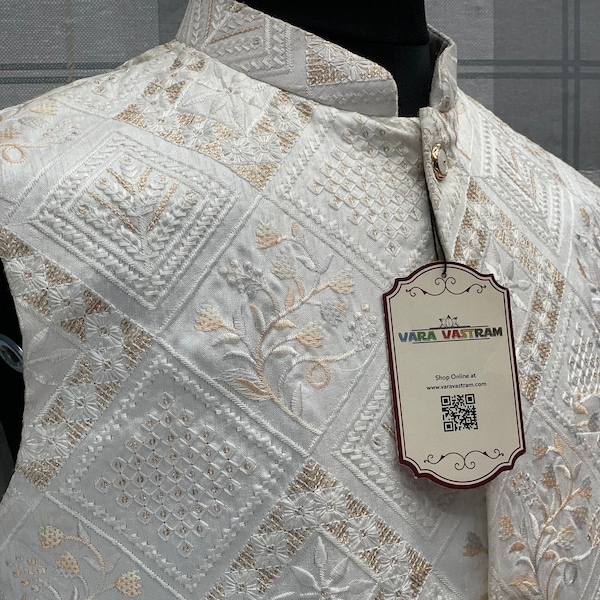 White with Gold Zari Modi Nehru Mens Jacket | Embroidered Silk Koti | Mens Ethnic Waistcoat | Indian Wedding Wear Koti, Fast Delivery USA