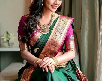 dark green and pink combination saree
