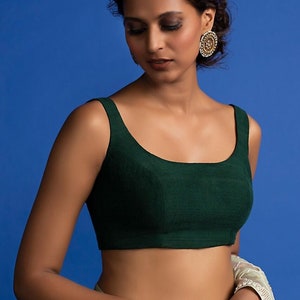 Readymade Green Sleeveless Saree Blouse In Silk with Boat Neckline | Indian Saree Blouse | Wedding Designer Silk Blouse | Blouse USA, Canada