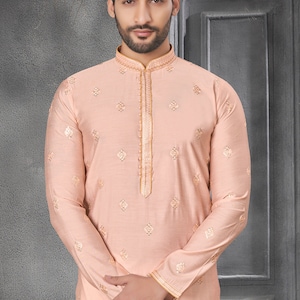 Peach Silk Men&#39;s Kurta Pajama Set: Floral Embroidery, Indian Wedding Wear