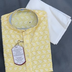 Light Yellow Chikankari Men&#39;s Kurta Pajama Set, Lucknowi Men&#39;s Kurta Indian Wedding Men Clothing, Gift men&#39;s Kurtas, kurta pyjama set