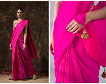 Fuchisia Hot Pink and Red Satin Saree, Reversible  Silk Saree for Indian Wedding and Festivals, Two tone saree, Ready to Wear Saree USA, UK