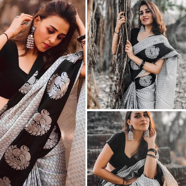 Classic Banarasi Saree, Black and Silver Saree, Festive Saree, South Indian Style, Wedding Saree, Party Saree, Silk Handloom sari USA