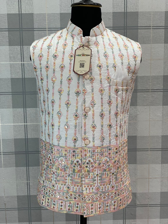 Premium White Mirror Work Mens Modi Kurta Jacket Indian Pakistani Wedding and Party Wear Koti Fast Delivery USA Australia Canada UK Etsy Canada