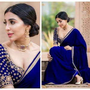 Royal Blue Wedding Saree - Traditional Indian Silk Crepe with Velvet Blouse |Perfect Ethnic Gift for Women in USA|Elegant Indian Bridal Wear