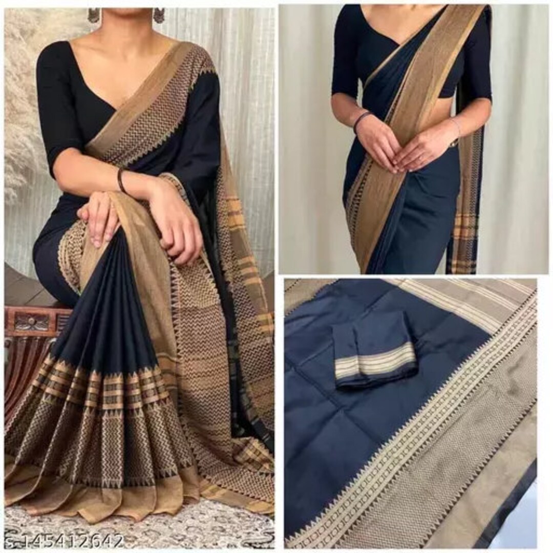 Black Banarasi Art Silk Saree Indian Wedding Saree With Blouse Black