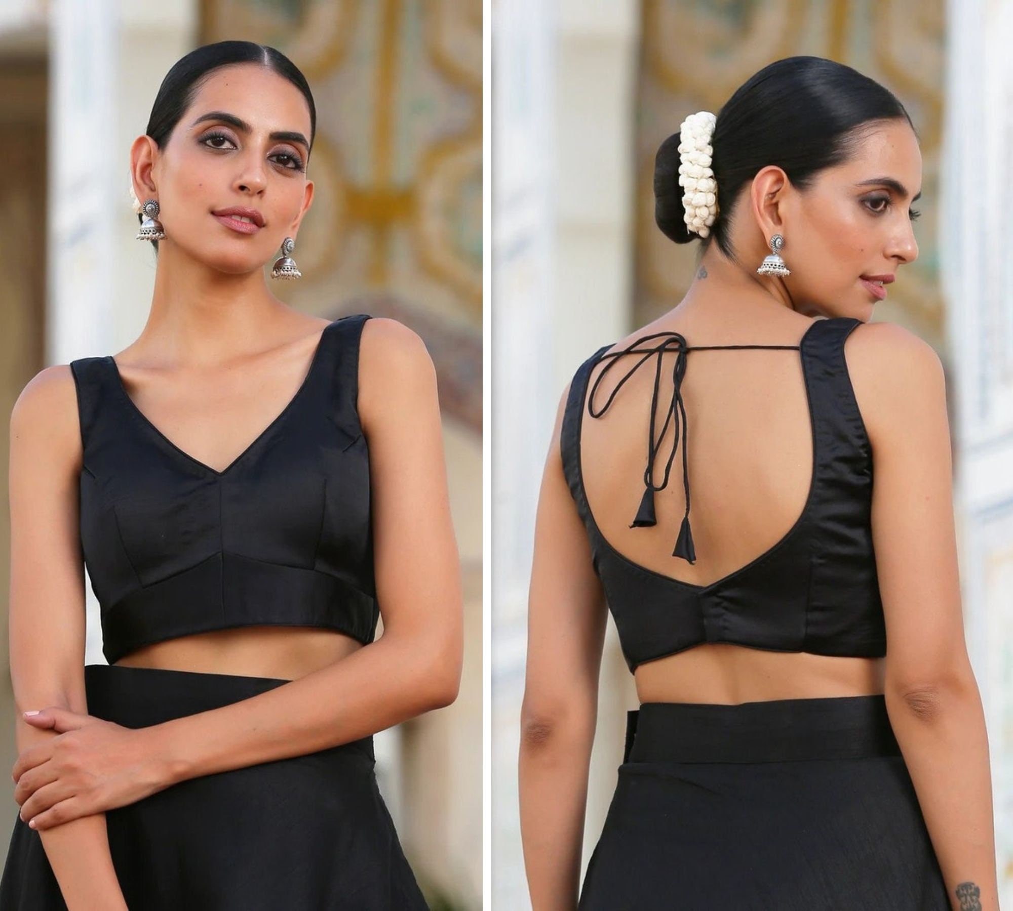 Buy Readymade Sabyasachi Designer HOT V-shape Sari Blouse Trendy Blouse  Sleeveless Satin Blouse Black Blouse Customized Blouse Online in India 