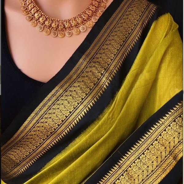 South Indian Methi Yellow soft Silk Saree with Peacock Jari Border and Black Blouse | Indian Wedding Pattu Pavadai Sari, Saree For Women USA