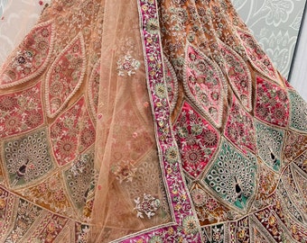 Pink Designer Patchwork Bridal Lehenga Choli Peacock, Deer