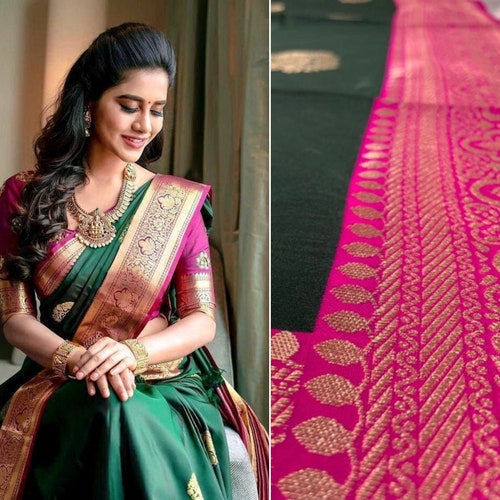 South Indian Style Banarasi Silk Saree with Blouse Indian Wedding Festive  Saree