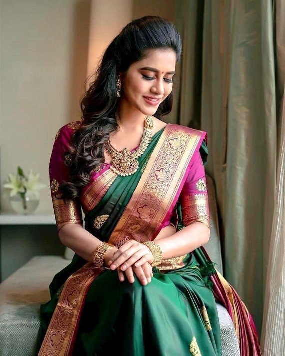 South Indian Style Banarasi Silk Saree with Blouse Indian Wedding Festive  Saree