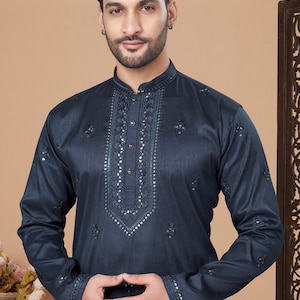 Navy Blue Cotton Men&#39;s Kurta Pajama Set | Fancy Embroidery pattern Kurta for Wedding, Party, Fast delivery to USA, Australia, Canada, UK
