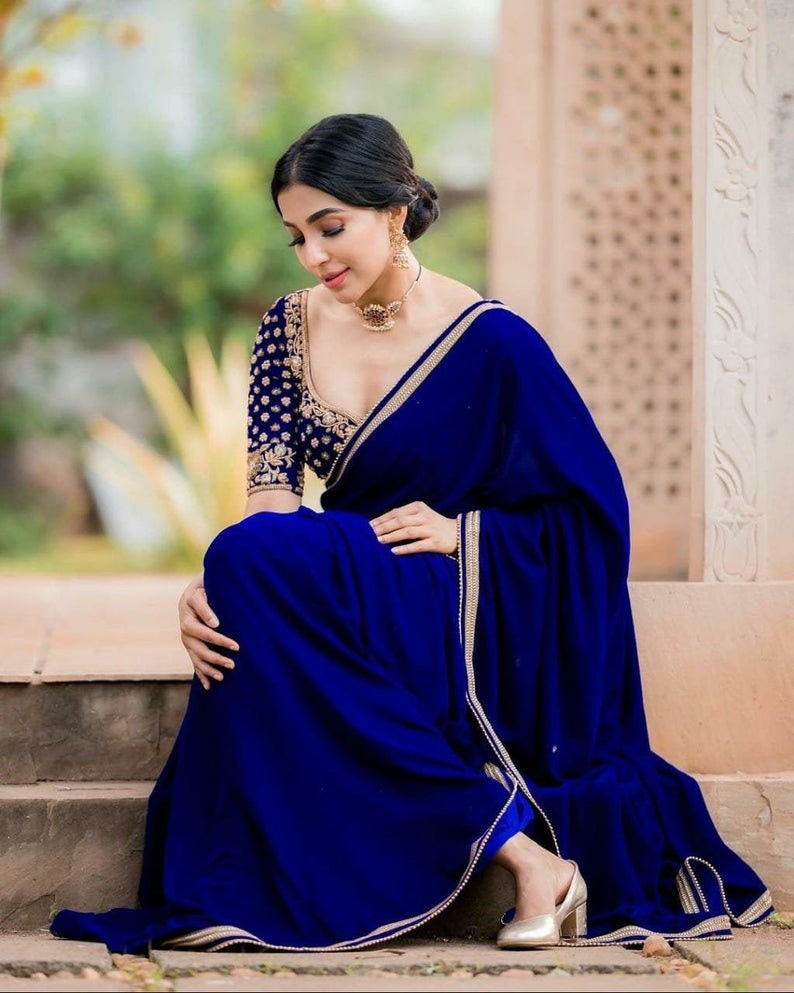 Designer Saree Party Wear Sari Blue Velvet Embroidered Saree Floral Border