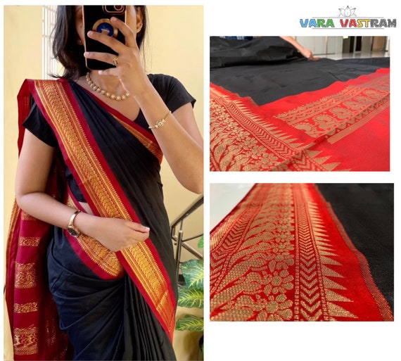 Elegant Black & Red Soft Silk Saree South Indian Handloom, Wedding