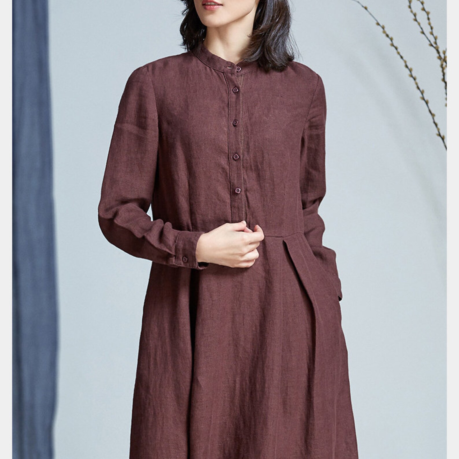 Women longsleeves linen dress in brown/Classic linen dress Etsy
