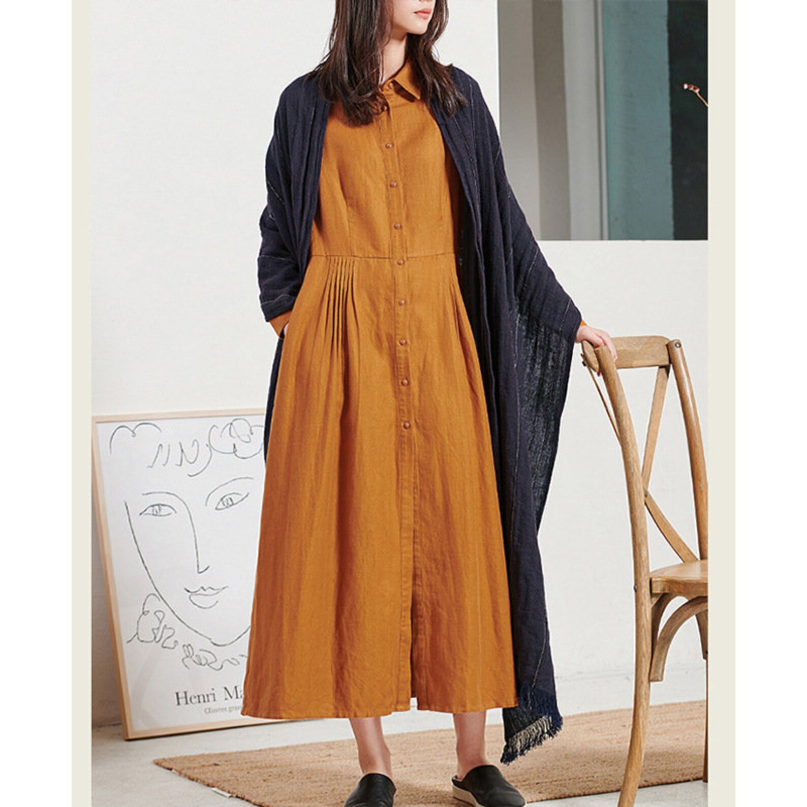 Longsleeves linen cotton dress/womens midlength linen Etsy