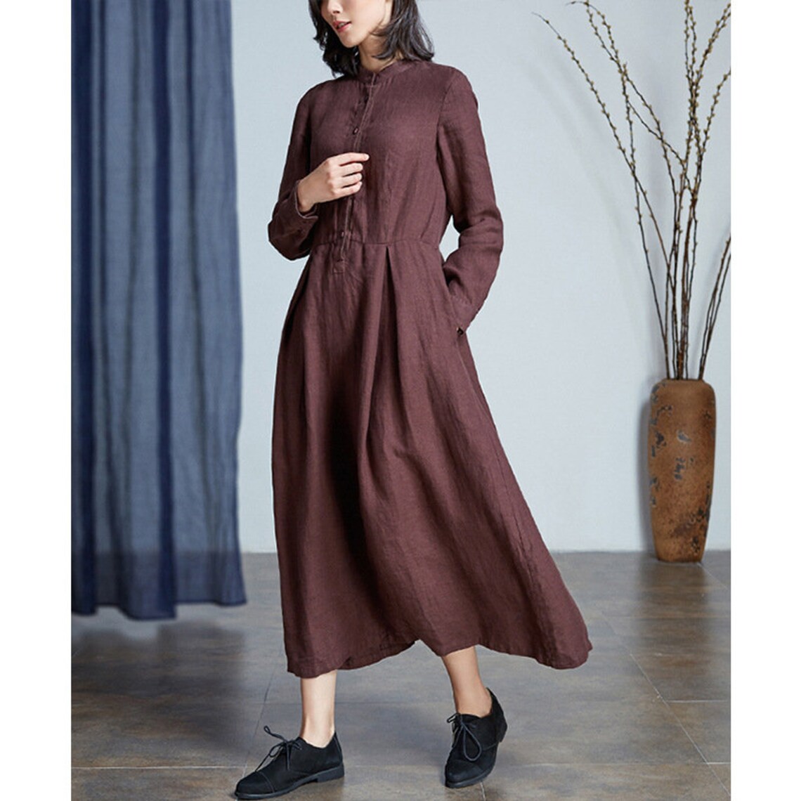 Women longsleeves linen dress in brown/Classic linen dress Etsy