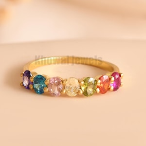 Half Eternity Multi Sapphire Band, 14k Rose Gold Rainbow Sapphire Anniversary Ring, Wedding Engagement Band, Promise Gift, Gift for her