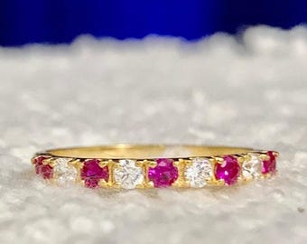 Ruby Diamond Ring, Gold Plated Ruby Ring, Natural Ruby Band, Ruby Wedding Band Ring, Birthstone Ring, Anniversary Gift Ring, Ring For Her