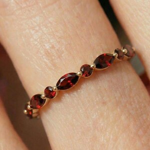Garnet Half Eternity Ring in 14K Gold | Marquise & Round Red Gemstone Stackable Band | January Birthstone Jewelry
