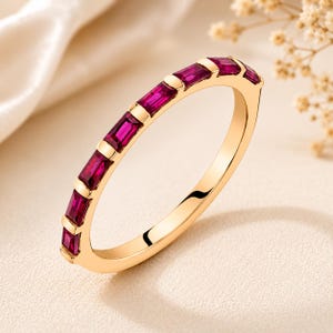 Dainty Baguette Ruby Ring: 14k Gold Plated Sterling Silver Band