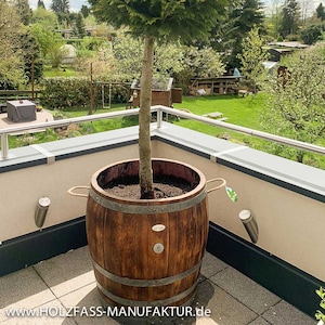 Könnte beinhalten: Ein großer Pflanzkübel aus Holz in Form eines Fasses, in dem sich ein Baum befindet. Der Kübel besteht aus dunkelbraunem Holz mit Metallbändern und Seilgriffen. Der Baum hat grünes Laub und einen braunen Stamm. Der Kübel steht auf einem Balkon.