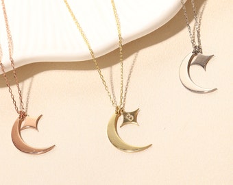 Celestial Necklace | Personalized Crescent Moon Pendant| Star Charms | Custom Initials | Crescent Necklace | Mothers Day | Gift for Mom