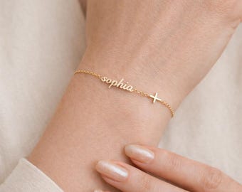 Pulsera con cruz personalizada con nombre / Joyería cristiana / Regalo de comunión / Regalo de plata de ley