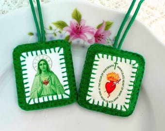 100% Hand-sewn Green Scapular, Immaculate Heart of Mary
