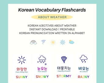 Printable Korean vocabulary flashcards about weather/ Learning Korean adjectives