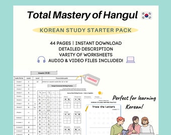Dominio total del Hangul - Paquete completo/ Aprendizaje de letras coreanas/ Paquete de inicio/ Autoestudio/ Imprimibles