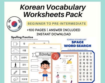 Korean vocabulary worksheet pack/ Learning Korean/ Hangul/ Self-study/ No prep/ Printables