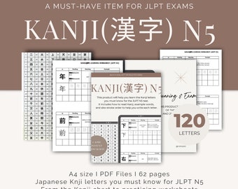 May include: A printable study guide for the Japanese Language Proficiency Test (JLPT) N5 level. The guide includes 120 Kanji characters, example words, and stroke order. The guide is available as a PDF download.