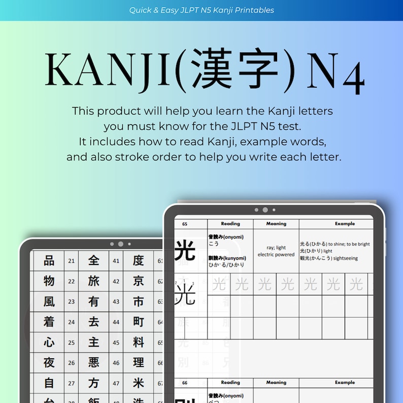 Japanese Kanji(漢字) Learning Worksheets for JLPT N4 / A4 Printables ...