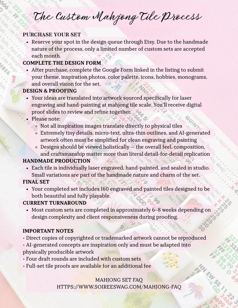 May include: Informational graphic detailing the custom mahjong tile process. The text explains the steps: purchasing a set, completing the design form, design and proofing, handmade production, and the final set. Includes a website URL for more information.