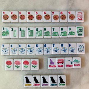 May include: A collection of white Mahjong tiles with various symbols and numbers. The tiles feature illustrations of cookies, books, laundry, flowers, and directional markers. The word "Joker" is also present on some tiles.