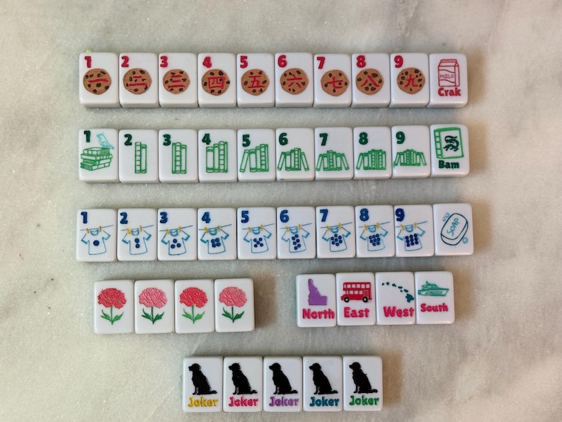 May include: A collection of white Mahjong tiles with various symbols and numbers. The tiles feature illustrations of cookies, books, laundry, flowers, and directional markers. The word "Joker" is also present on some tiles.