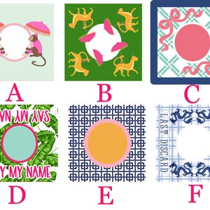 May include: Set of six square designs with various patterns and illustrations. Designs include monkeys with umbrellas, cheetahs, bows, tropical leaves with text, geometric patterns, and dragons. Each design has a central circular space.