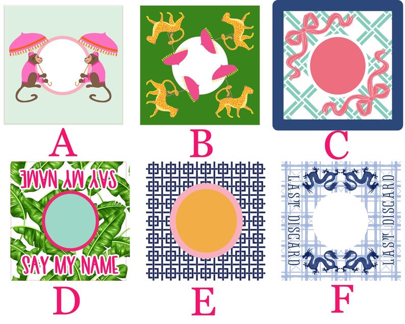 May include: Set of six square designs with various patterns and illustrations. Designs include monkeys with umbrellas, cheetahs, bows, tropical leaves with text, geometric patterns, and dragons. Each design has a central circular space.