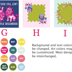 May include: A graphic design featuring three distinct illustrations. One shows pink foo dogs with text "LAST TILE DISCARDED". Another displays a foo dog on a pink background. The third shows cheetahs around a green shape. A color palette is also shown.