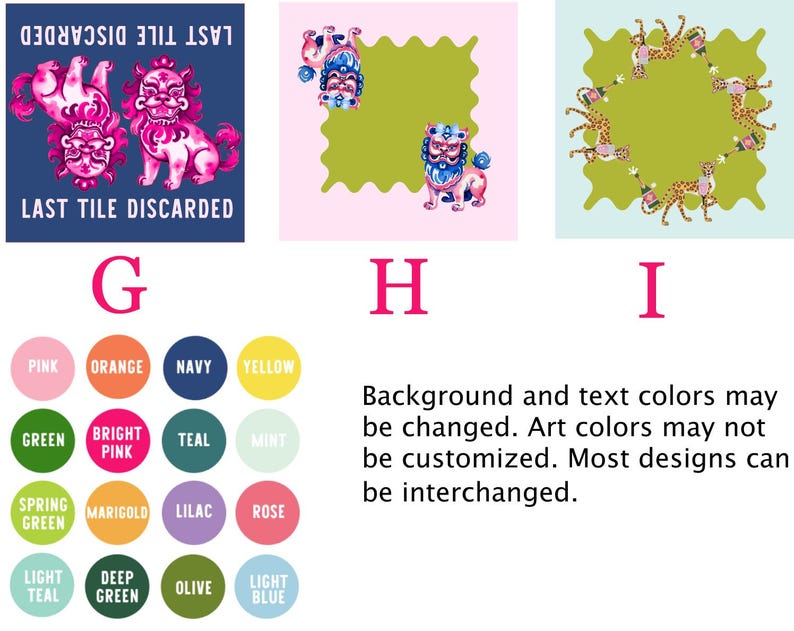 May include: A graphic design featuring three distinct illustrations. One shows pink foo dogs with text "LAST TILE DISCARDED". Another displays a foo dog on a pink background. The third shows cheetahs around a green shape. A color palette is also shown.